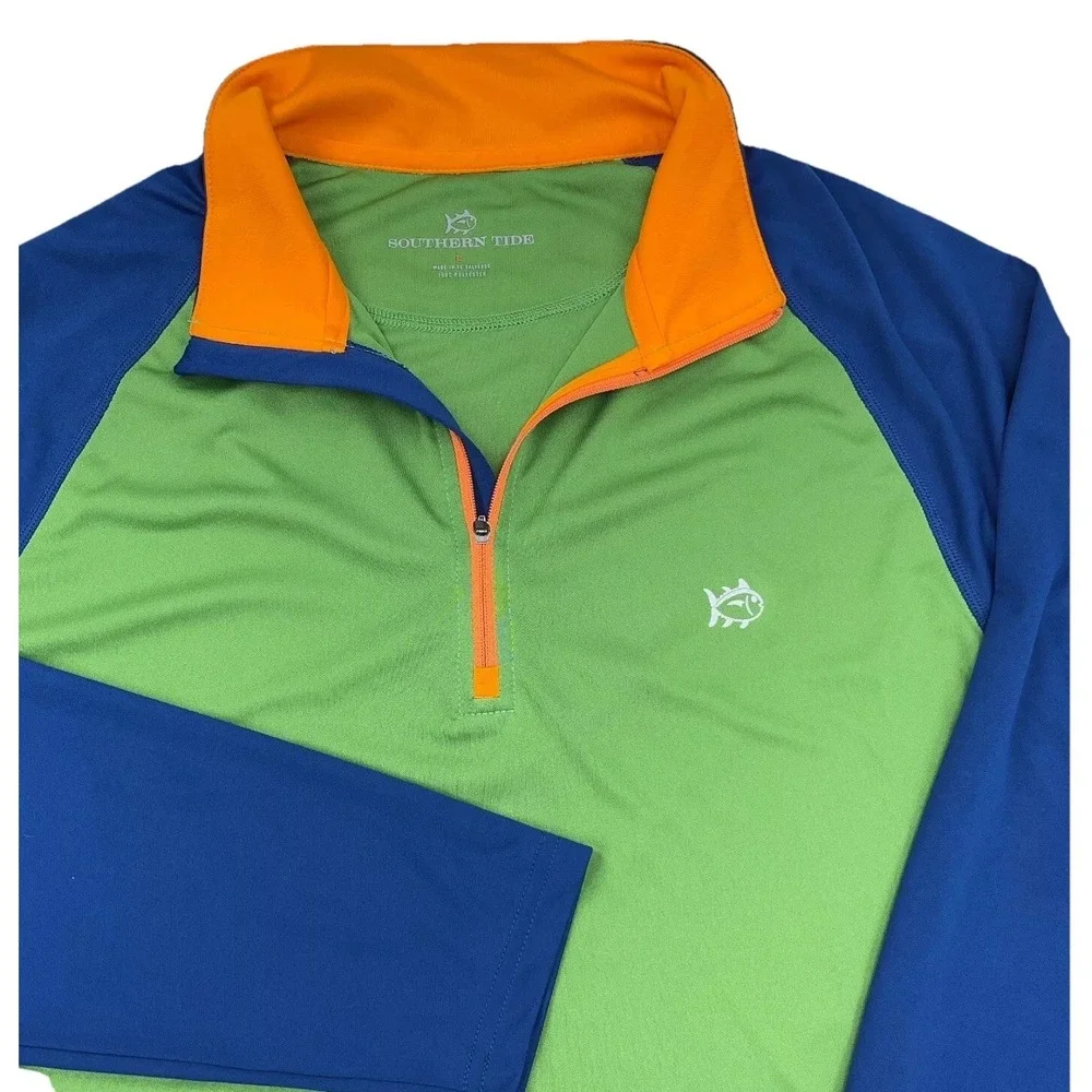 Southern Tide Shirt Men Large Green Blue Tee Pullover Quarter Zip Performance *